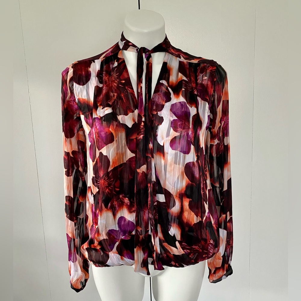 GUESS Silky Long Sleeve Tie-Neck Top